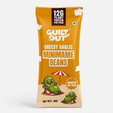 A single bag of GUILT OUT Cheesy Garlic Minimame Beans on a clean white background. The packaging is primarily a warm golden-orange color with white cloud accents, a black '12G PLANT PROTEIN PER PACK' label, and cartoon green bean characters lounging under a red-and-white striped umbrella.