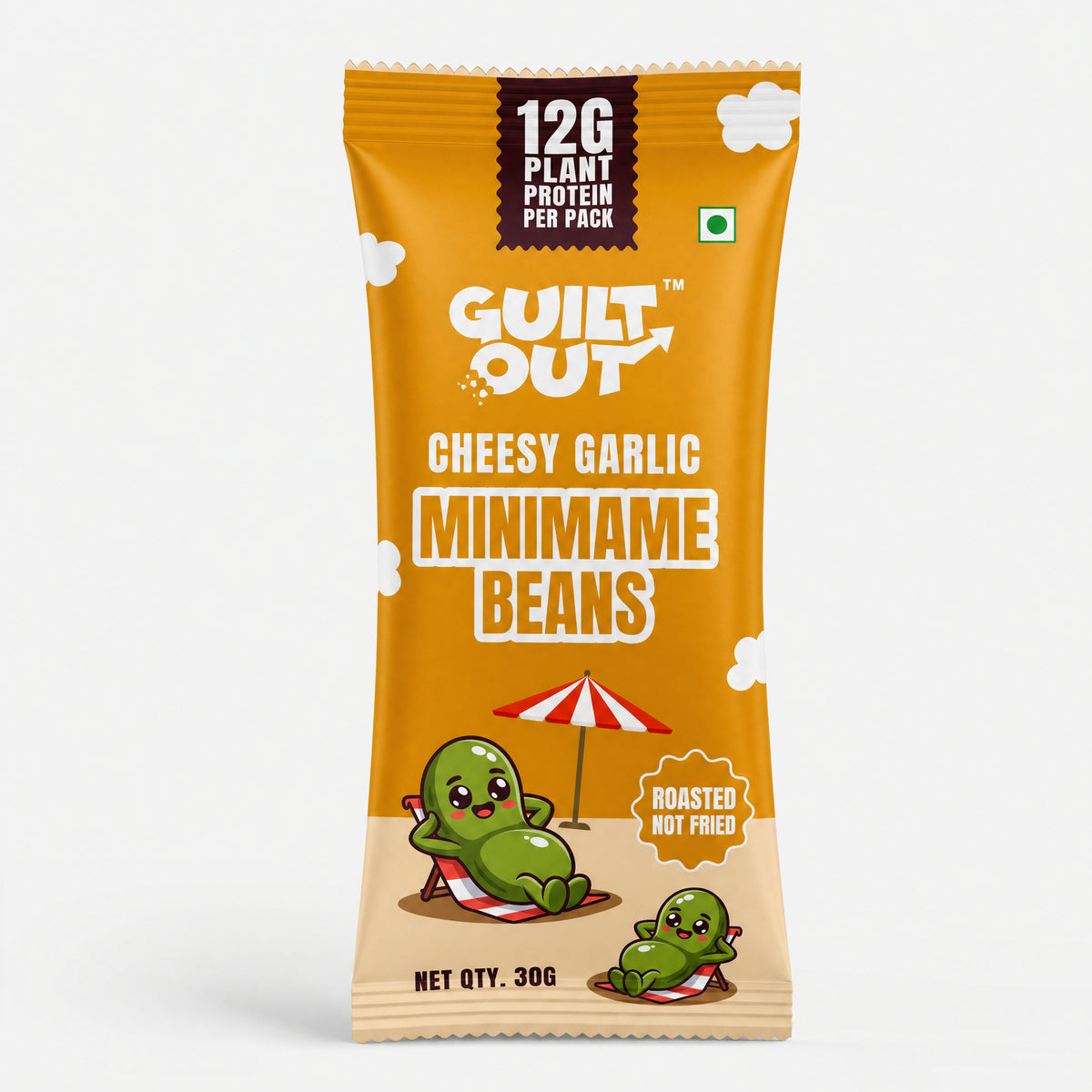 A single bag of GUILT OUT Cheesy Garlic Minimame Beans on a clean white background. The packaging is primarily a warm golden-orange color with white cloud accents, a black '12G PLANT PROTEIN PER PACK' label, and cartoon green bean characters lounging under a red-and-white striped umbrella.