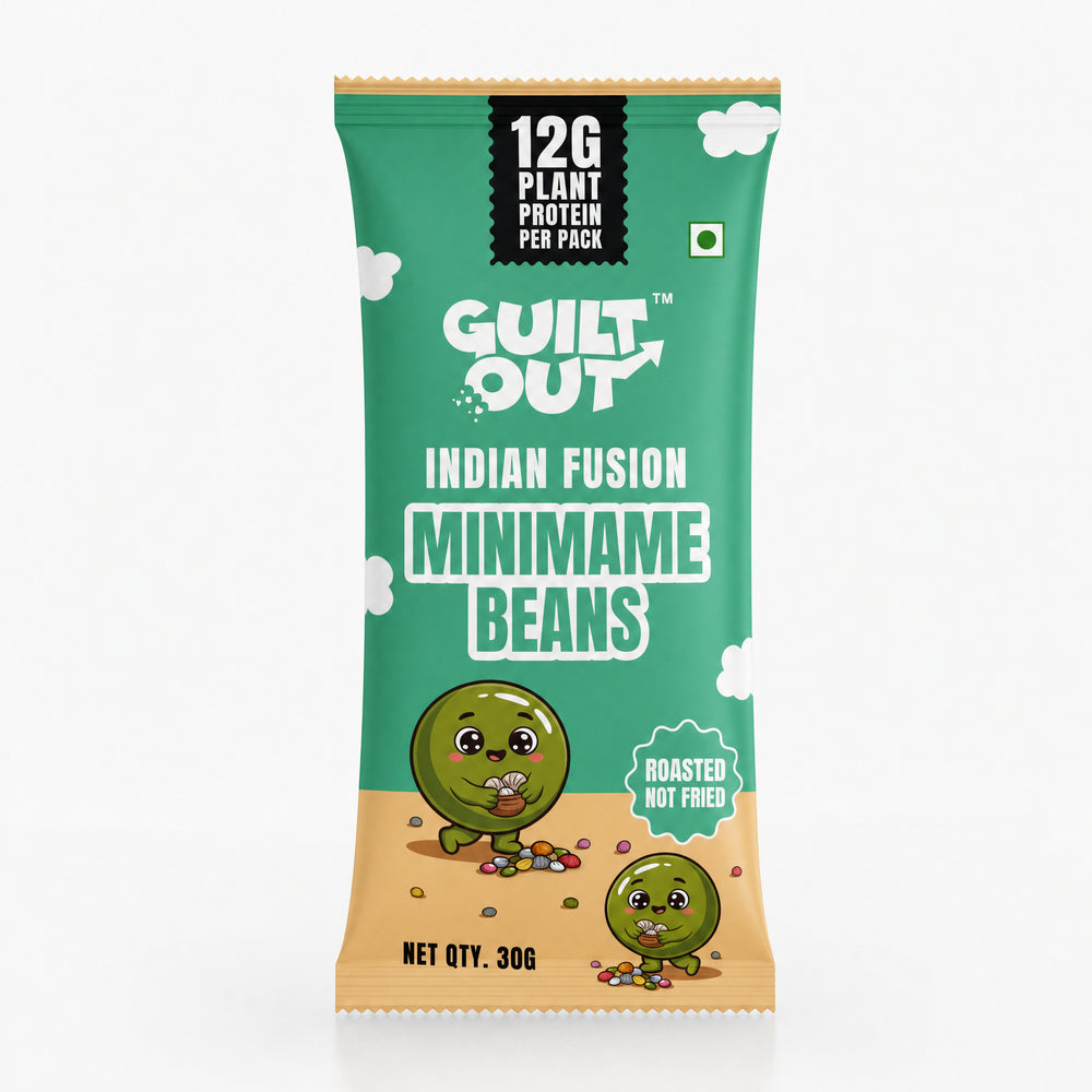 A 30g packet of GUILT OUT Indian Fusion Minimame Beans, featuring a green and beige packaging design with cartoon characters and text highlighting roasted nut-free beans and 12g plant protein per pack.