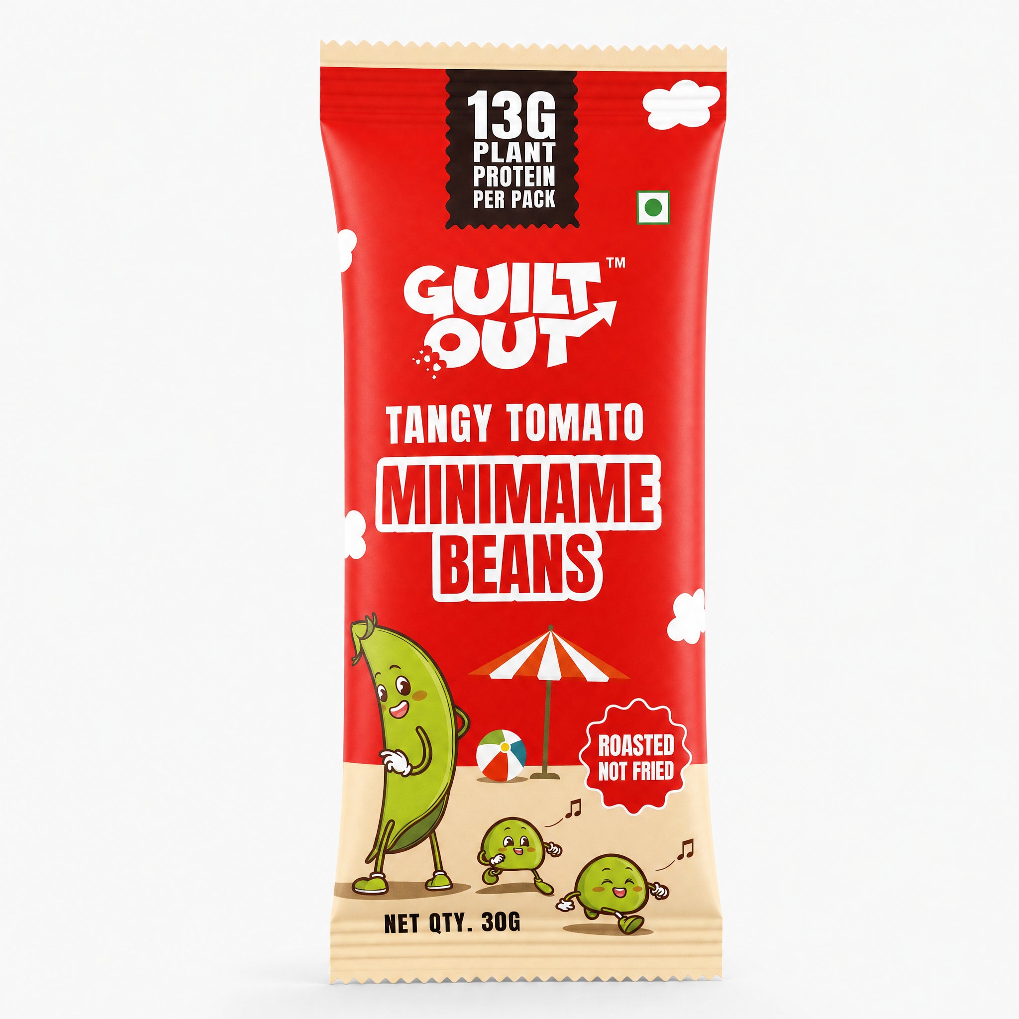A single packaged snack stick of GUILT OUT Tangy Tomato Minimame Beans on a plain white background. The packaging is predominantly bright red with a beige bottom section, featuring cartoon minimame characters and text indicating 13g plant protein per pack and roasted not fried.